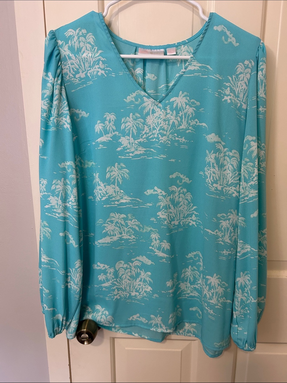 Belle by Kim Gravel Turquoise V-Neck Island-Print Blouse